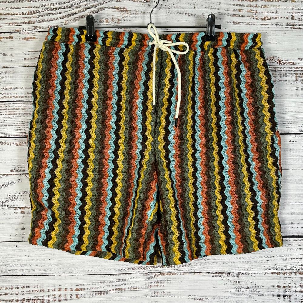 Mens Fashion Nova Zig Zag Stripe Pull On Knit Shorts Drawstring Tropical Size XL